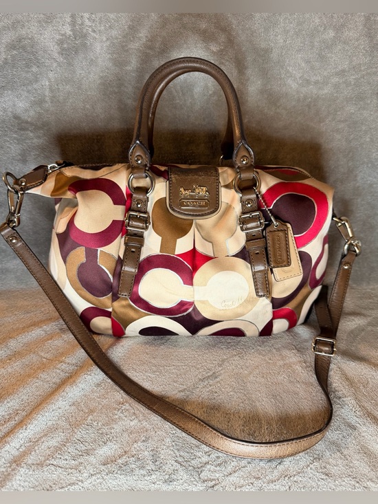Coach Handbags - Coach Op Art Multicolor Satin Monogram Satchel with Brown Leather Trim